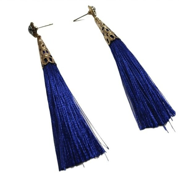 Fashion Jewelry Blue Gold Dangle Tassel Earrings - Picture 2 of 6